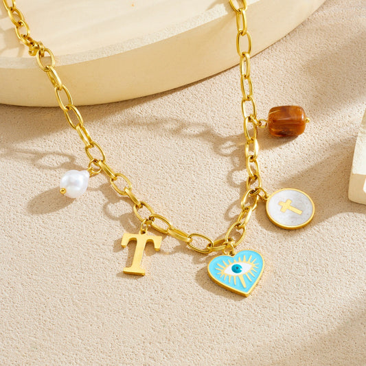 Sweet Cartoon Drip Oil Heart Eye Letter Round Pendant Stainless Steel Curb Chain Necklace for Women