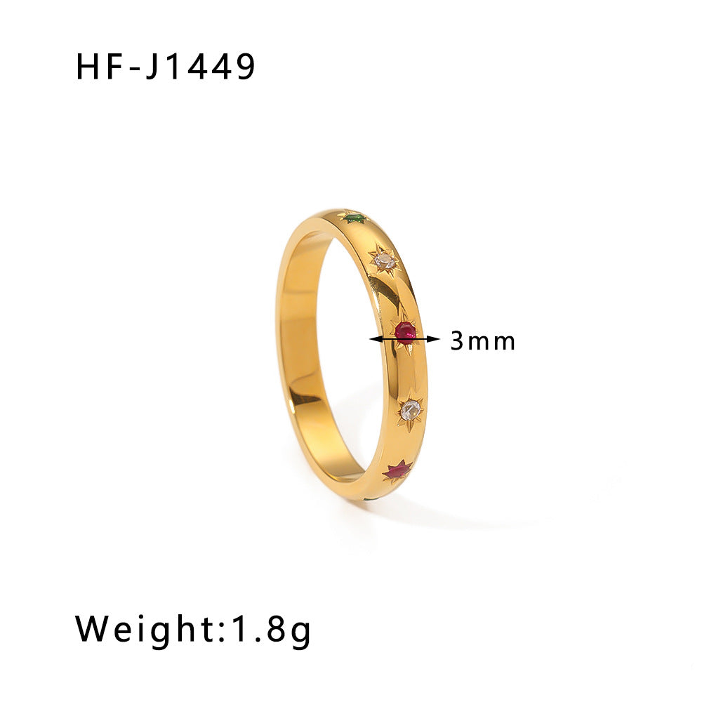 Anello esagonale geometrico in acciaio inossidabile da donna con intarsio di zirconi colorati e finitura placcata