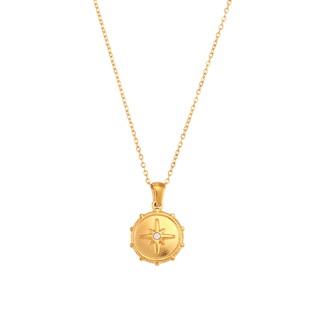 Minimalist Fashion Stainless Steel Octagram Round Nautical Compass Pendant Necklace for Women