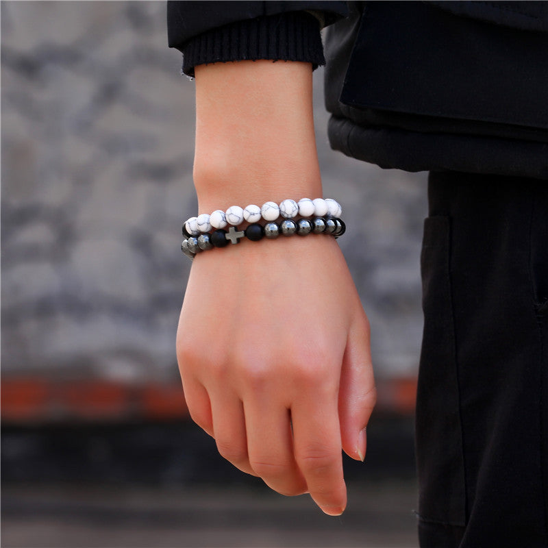 Unique Geometric Handmade Brass and Lava Rock Stretch Bracelet Set