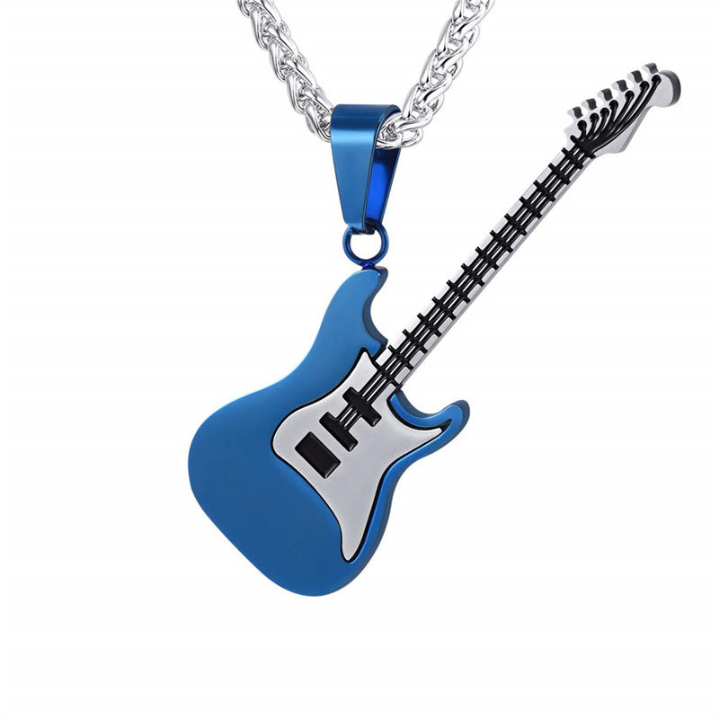 Natural Style Geometric Guitar Pendant Necklace for Unisex in Stainless Steel with Polished Titanium Steel Charm