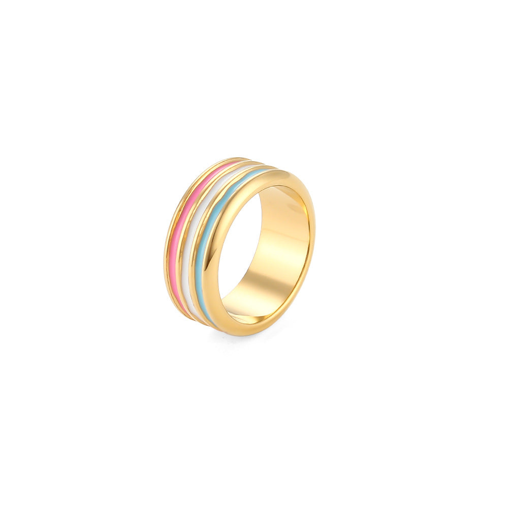Fashionable Vintage Geometric Stainless Steel Plated 18K Gold Color Enamel Thread Ring for Women