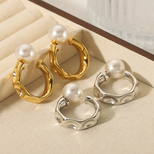 Orecchini a polsino geometrici minimalisti in acciaio inossidabile con placcatura in oro 18 carati e intarsio di perle da donna