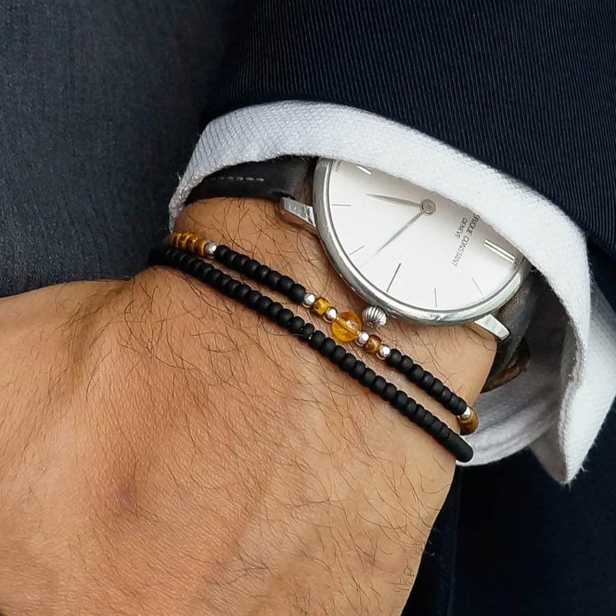 Hip-hop Geometric Wood and Natural Stone Beaded Bracelet for Men and Women