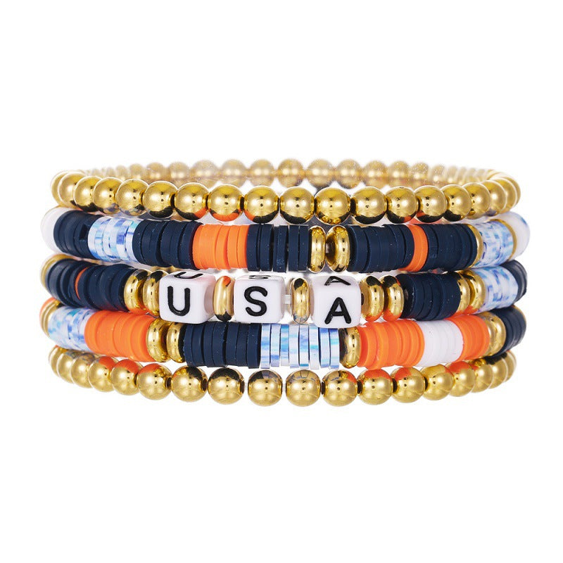 Set di braccialetti con perline acriliche tonde con lettere, unisex, stile USA