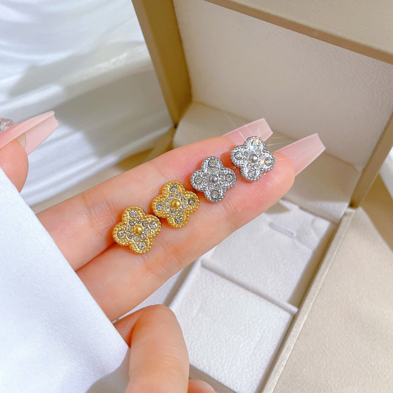 Minimalist Lucky Clover Stud Earrings in Titanium Steel with Rhinestone Inlay for Women