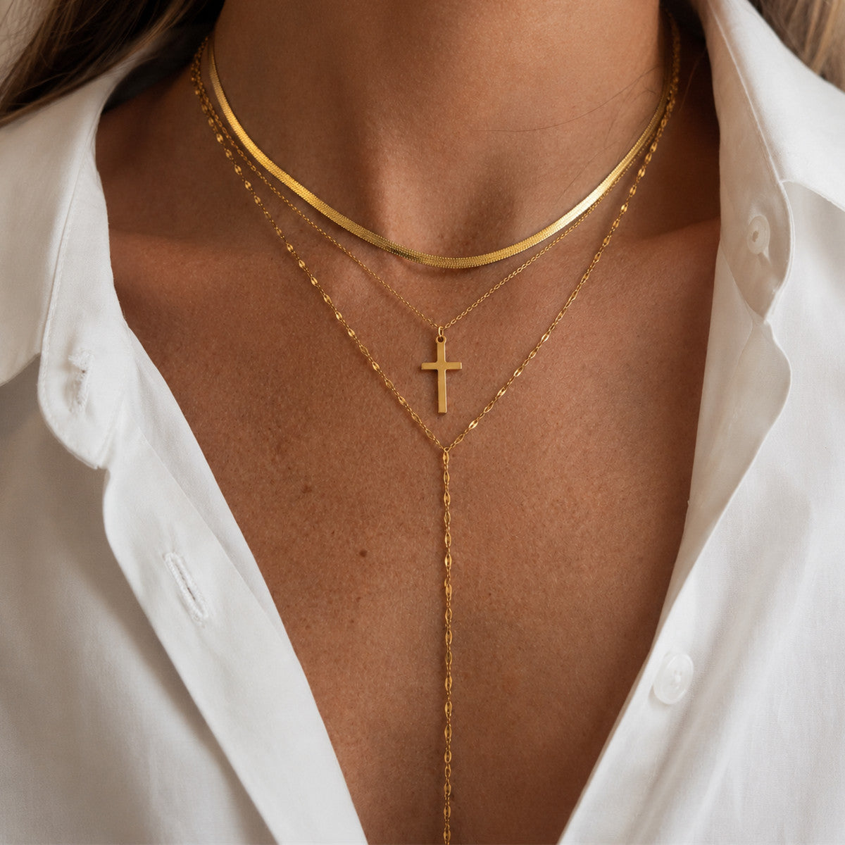 Vintage Stainless Steel Cross Pendant Necklace Flat Snake Chain Layered Choker for Women