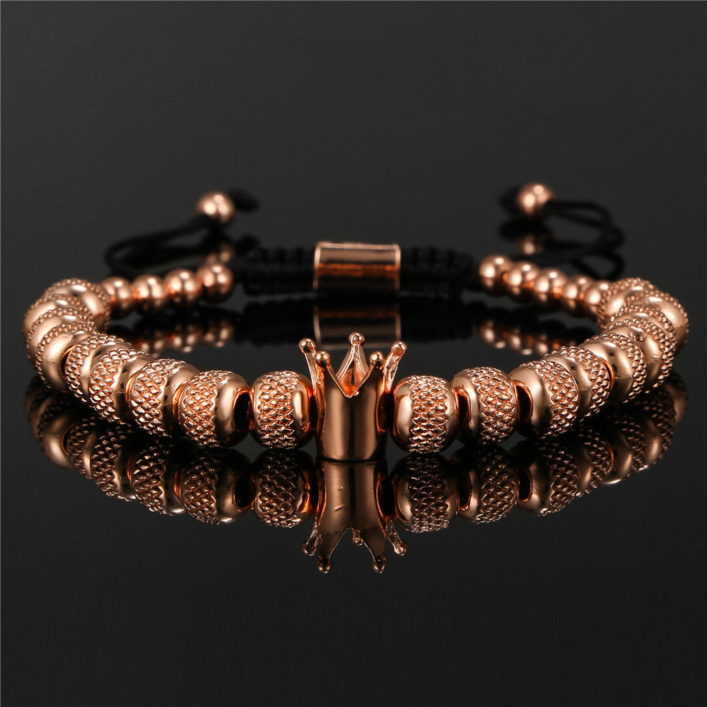 Vintage Geometric Crown Stainless Steel Brass Beaded Bracelet for Men and Women