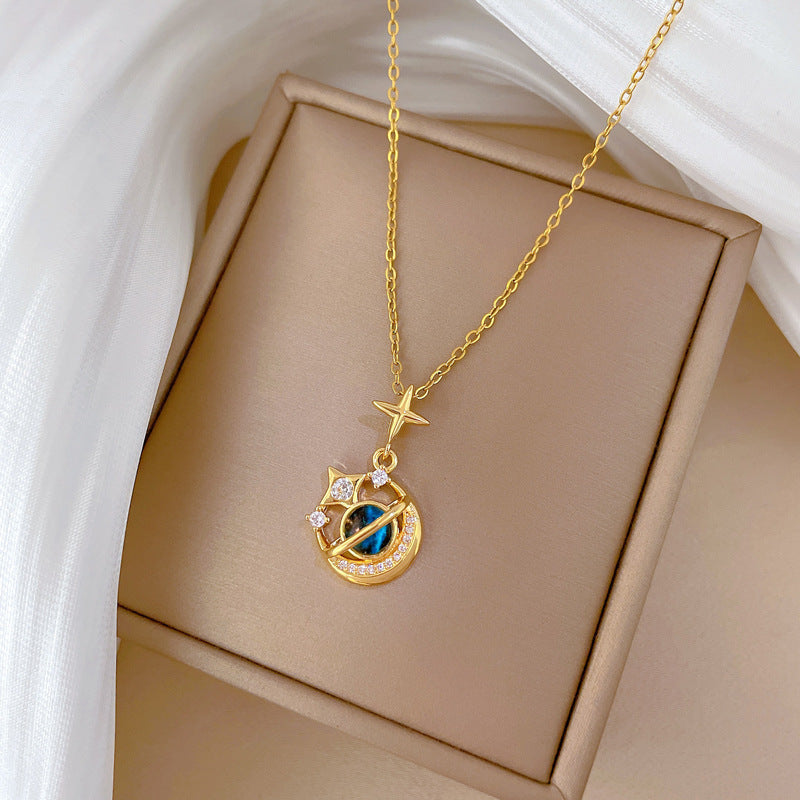 Minimalist Star and Moon Pendant Necklace in Titanium Steel with Full Rhinestone Inlay for Women