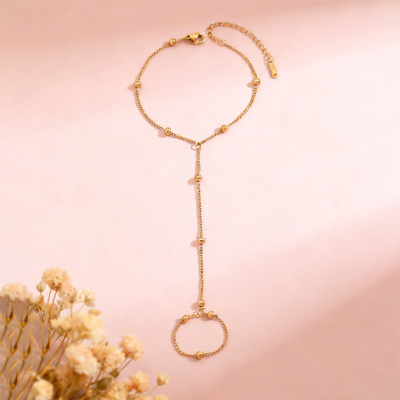 Elegant 18K Gold Plated Heart Geometric Stainless Steel Ball Chain Finger Bracelet for Women
