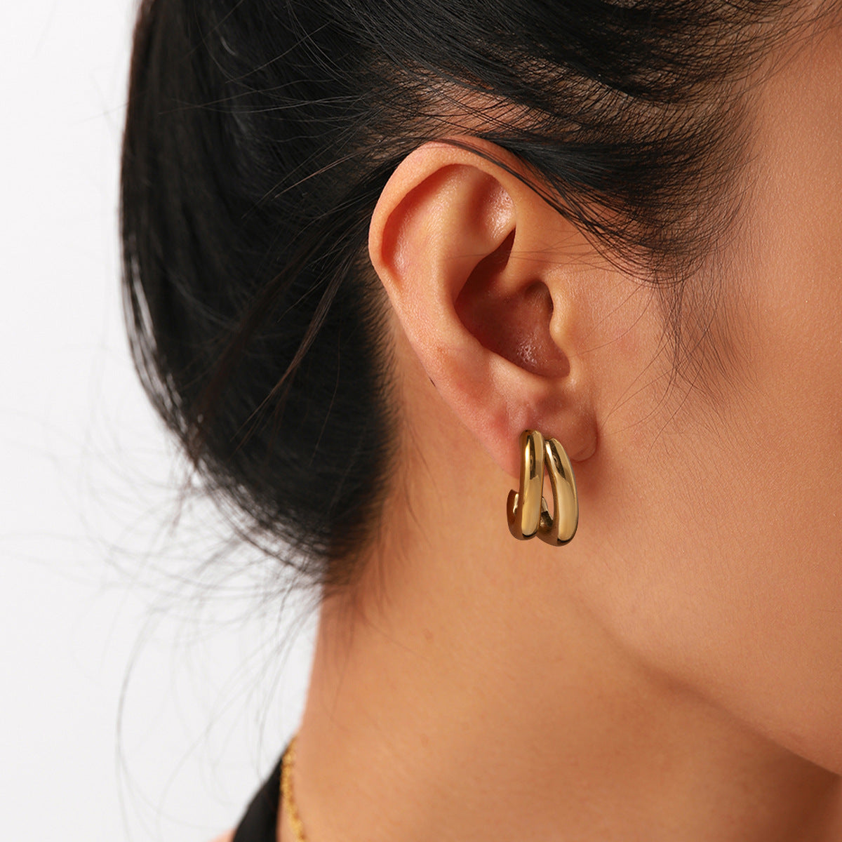 Trendy Geometric Double Layer Hollow C-Shaped 18K Gold Plated Stainless Steel Stud Earrings for Women