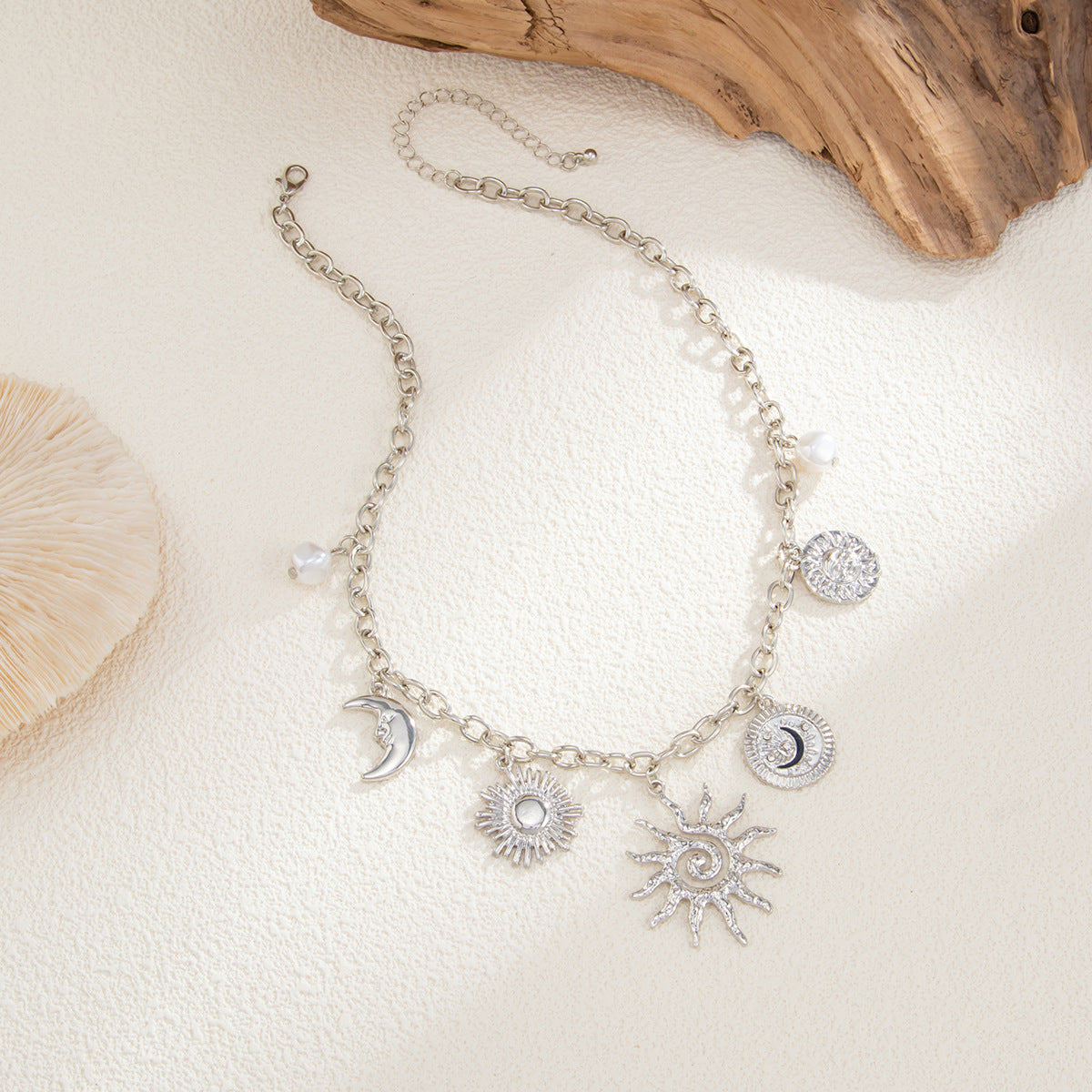Vintage Star Moon Alloy Plated Pendant Necklace with Imitation Pearl for Women
