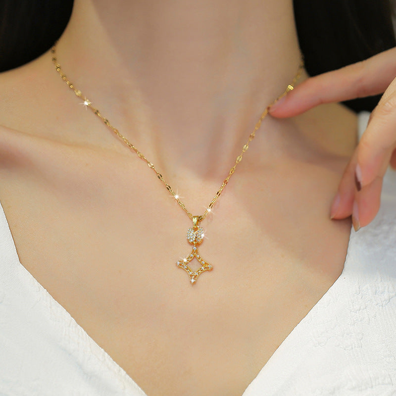 Minimalist Square Titanium Steel Micro-Paved Necklace for Women Delicate Clavicle Chain