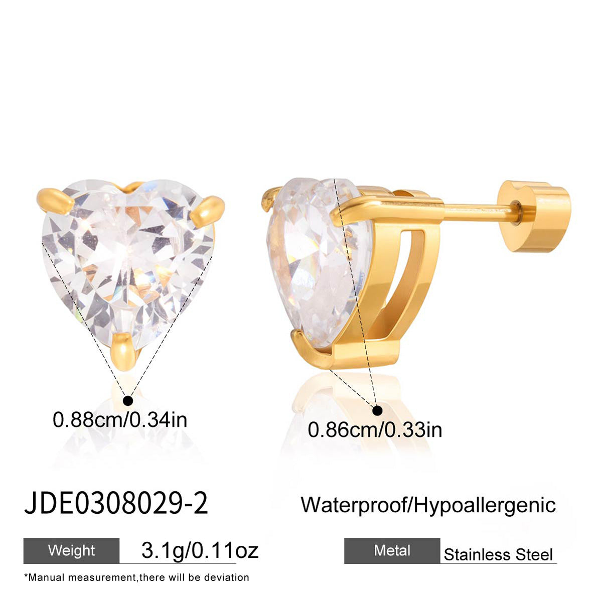 Minimalist Elegant Geometric Heart Stainless Steel PVD Cubic Zirconia Stud Earrings for Women