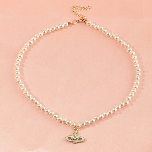 Handmade Resin Alloy Planet Pendant Necklace for Girls with Pearl Chain, Heart-Shaped Princess Style Jewelry