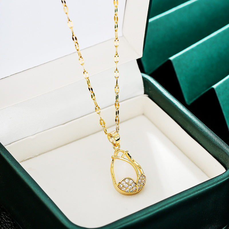 Collana da donna in acciaio al titanio a forma di tulipano con placcatura in oro e intarsio in pietra occhio di gatto, gioielli a collare con catena ondulata