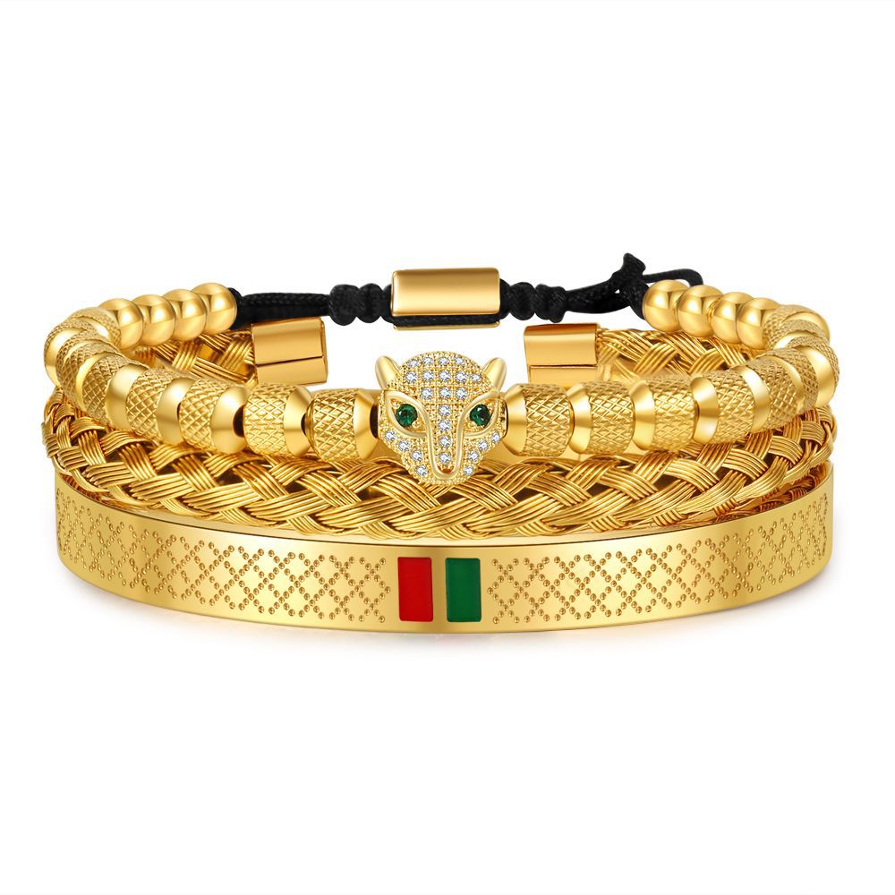 Hip-hop Men's Brass Cubic Zirconia Leopard Head Stainless Steel Bracelet Cuff Set