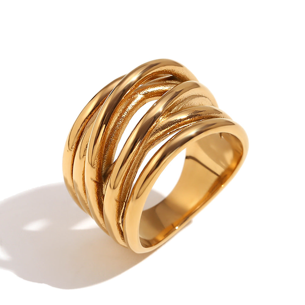 Vintage Geometric Stainless Steel Ring with 18K Gold Plating Irregular Woven Wraparound Band for Women
