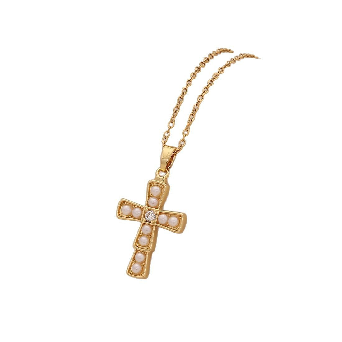 Collana personalizzata con croce in acciaio inossidabile, ciondolo in rame e perla finta
