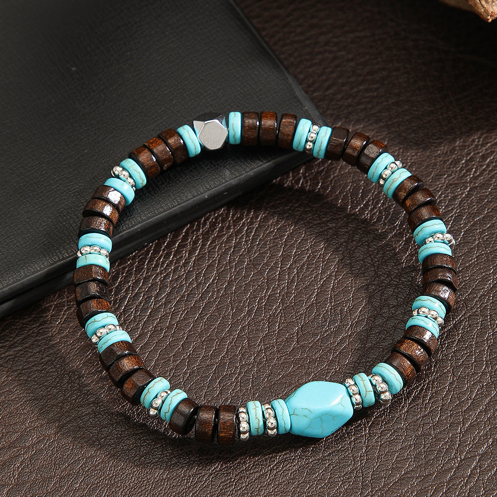 Bohemian Ethnic Geometric Wood Turquoise Bracelet for Unisex