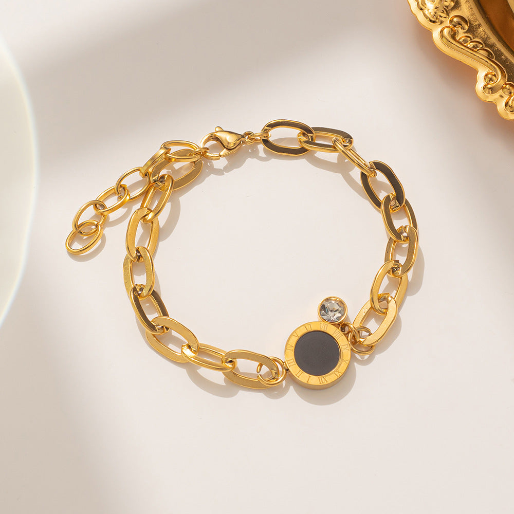 Fashion Minimalist Geometric Titanium Steel Bracelet with Zircon Inlay and 18K Rose Gold Plating for Women