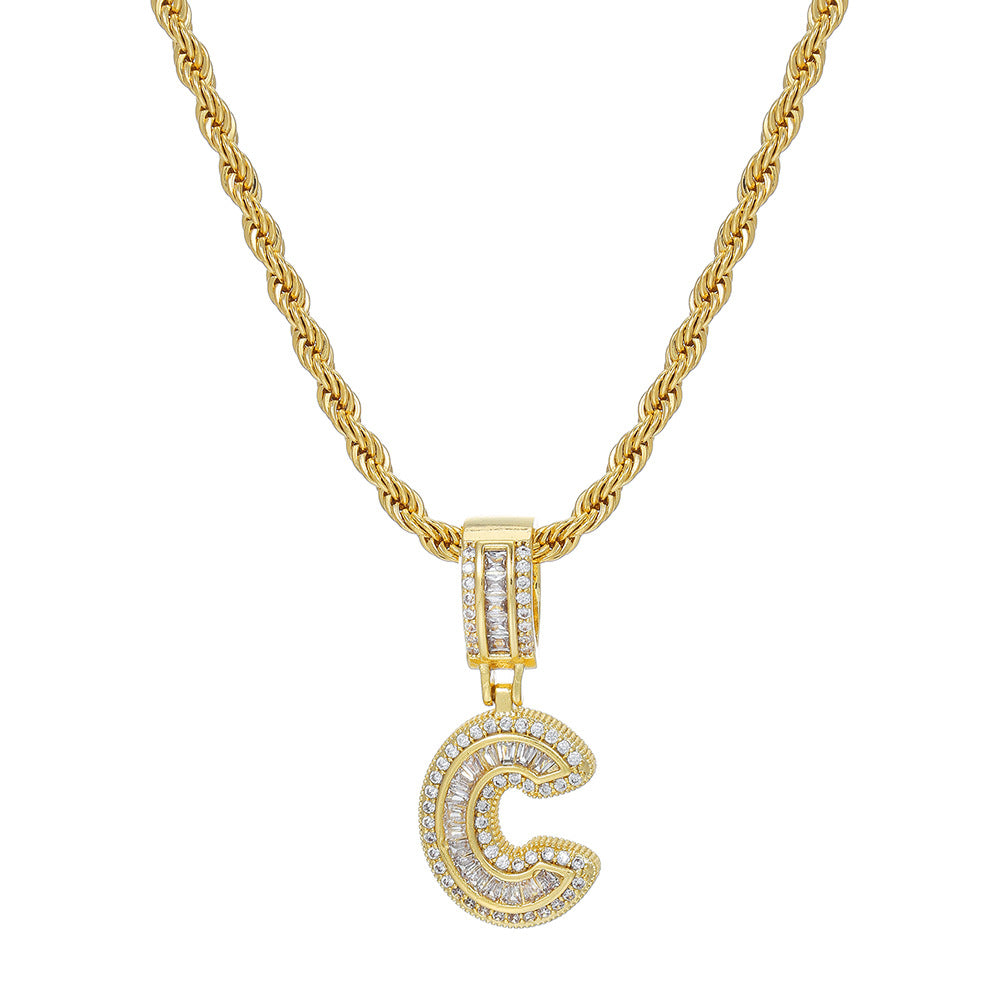 Personalized 18K Gold Plated Brass Cubic Zirconia Letter Pendant Necklace with Stainless Steel Rope Chain