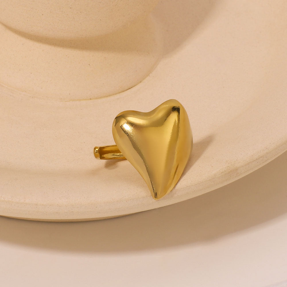 Minimalist Heart-Shaped Stainless Steel Adjustable Open Ring with Polished Finish for Women and Men