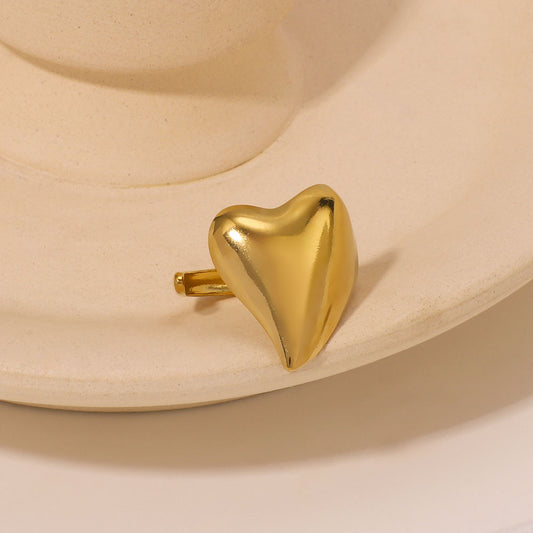 Minimalist Heart-Shaped Stainless Steel Adjustable Open Ring with Polished Finish for Women and Men
