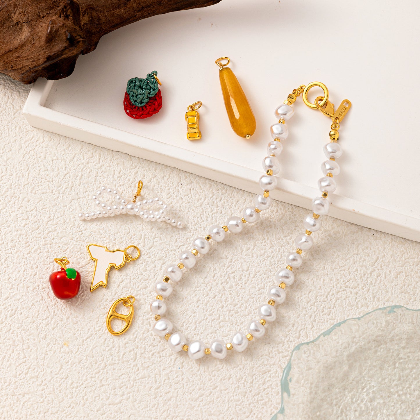 Colorful Fruit Apple Strawberry Pearl Bow Plated Brass Charm Bar