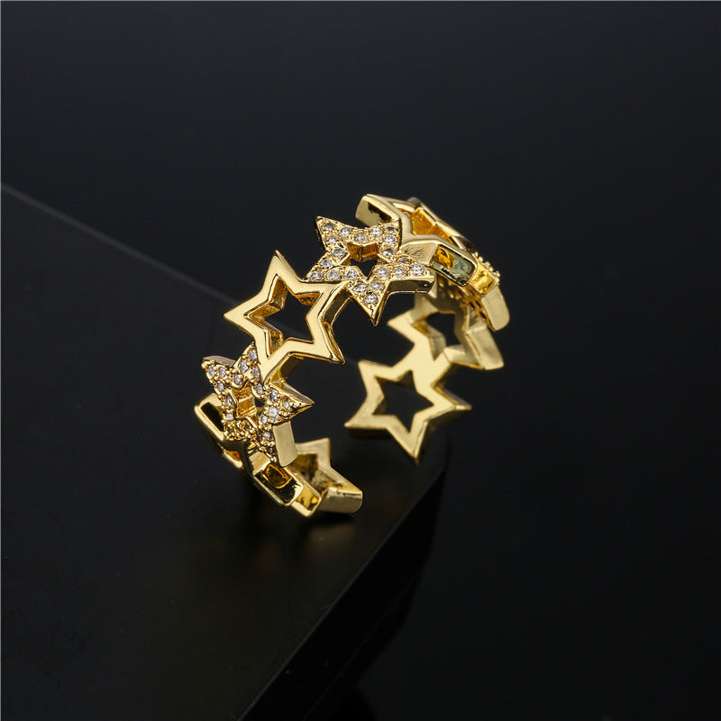 Gold Plated Brass Geometric Star Open Ring with Micro-Inlaid Cubic Zirconia for Women