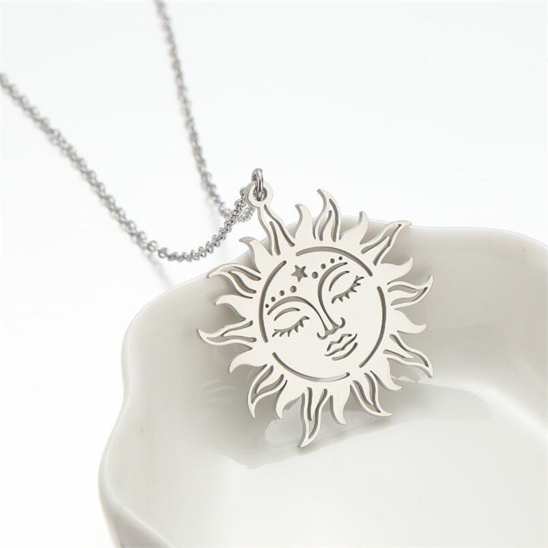 Elegant Greek Sun Goddess Pendant Necklace in Stainless Steel with Polished Finish, Geometric Design, Floral Daisy Motif, for Women