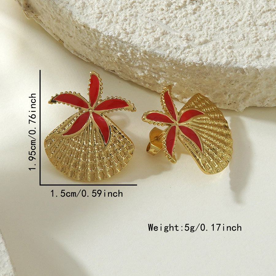 Sweet Drip Oil Stainless Steel Starfish Shell Earrings