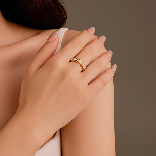 Anillo Abierto Minimalista Redondo de Acero Inoxidable con Incrustación de Perlas para Mujer, Accesorio de Moda de Lujo Electrochapado