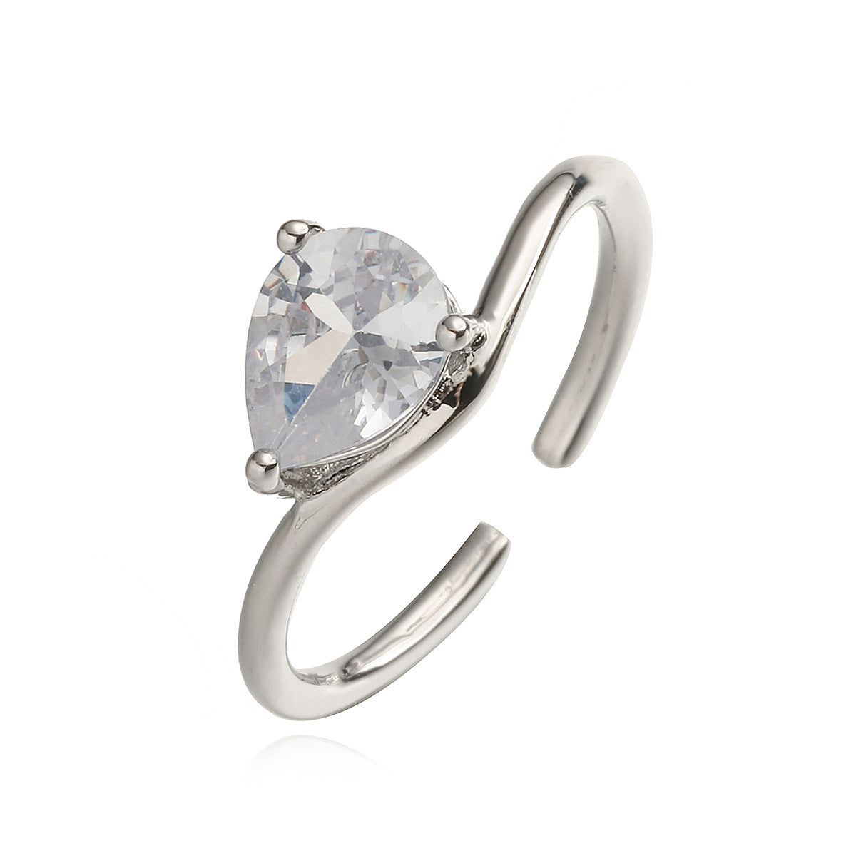 Anillo Minimalista Geométrico Abierto con Forma de Gota para Mujer en Latón con Baño de Oro de 18K y Incrustaciones de Circonita