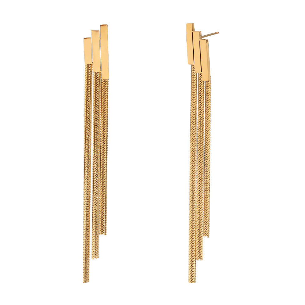 Aretes de acero inoxidable geométricos minimalistas con diseño escalonado chapado en oro de 18 quilates y cadena colgante para mujer
