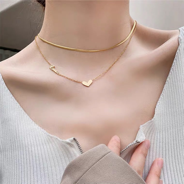 Minimalist Heart-Shaped Titanium Steel Plated Necklace for Women with Snake Chain Double Layer Locket Style