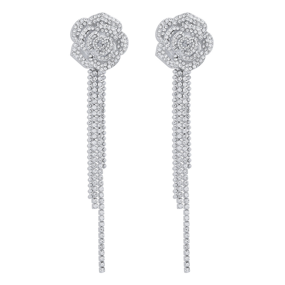 Eleganti orecchini a lobo ispirati al vintage con camelia e strass intarsiati su base in lega, design floreale femminile con frange pendenti