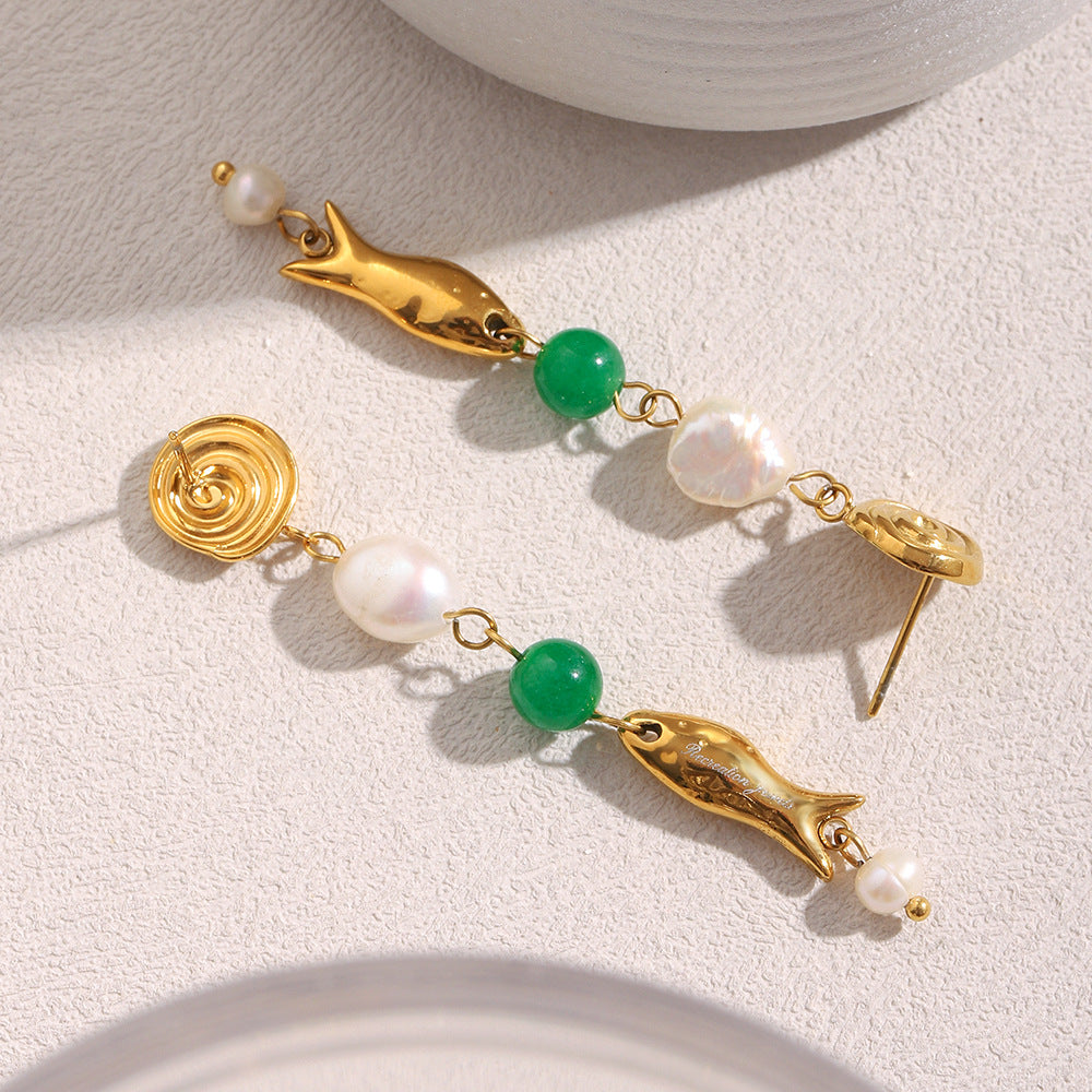 Vintage Style Gold-Fish Shaped Geometric Stainless Steel Earrings with 18K Gold Plating and Pearl Accents