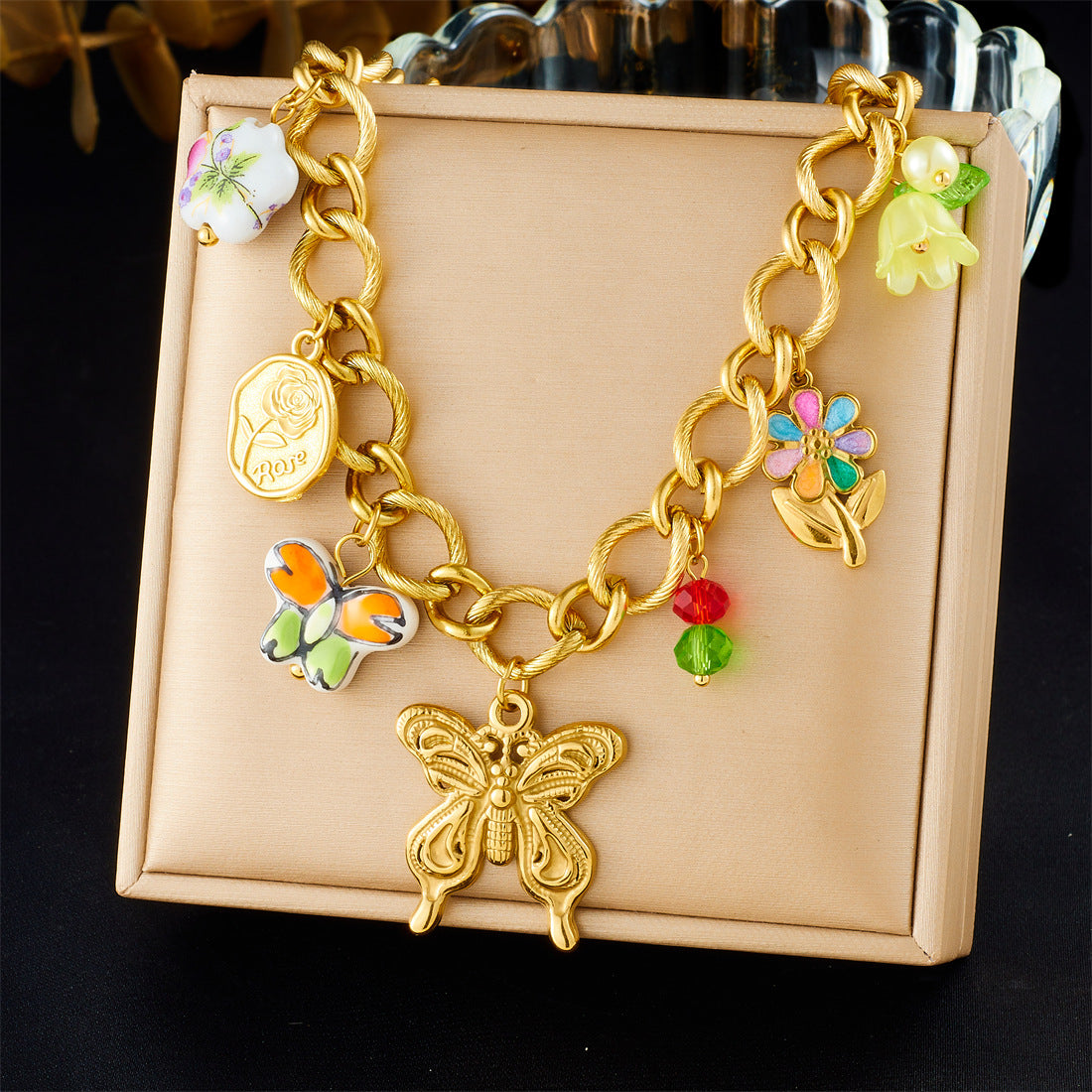 Sweet Elegant Gold Plated Ceramic Floral Butterfly Drip Oil Pendant Necklace and Bracelet Set for Women with Cable Chain