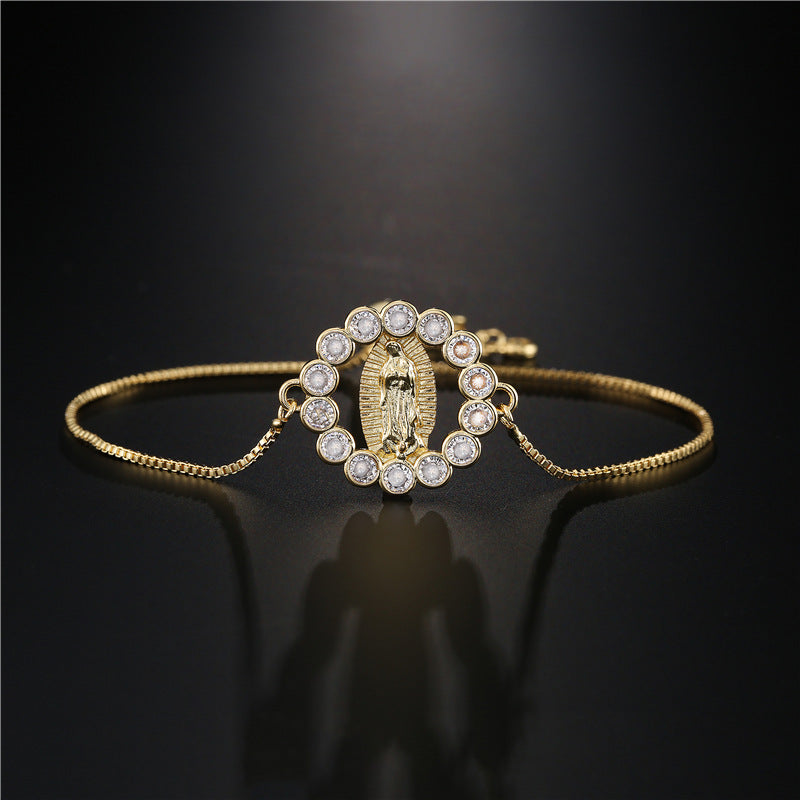 Vintage Bohemian Geometric Brass Micro-Inlaid Cubic Zirconia Virgin Mary Adjustable Bracelet