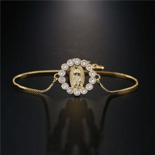 Vintage Bohemian Geometric Brass Micro-Inlaid Cubic Zirconia Virgin Mary Adjustable Bracelet