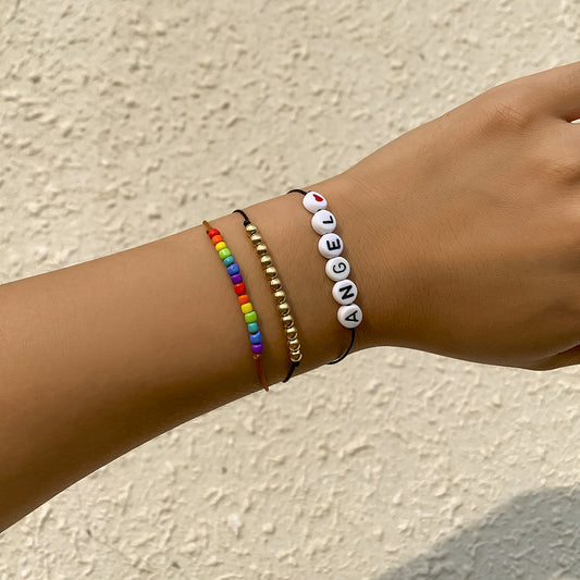 Minimalist Letter and Heart Shape Resin Beaded Bracelet with Bohemian Ethnic Color-Block Design Adjustable for Women