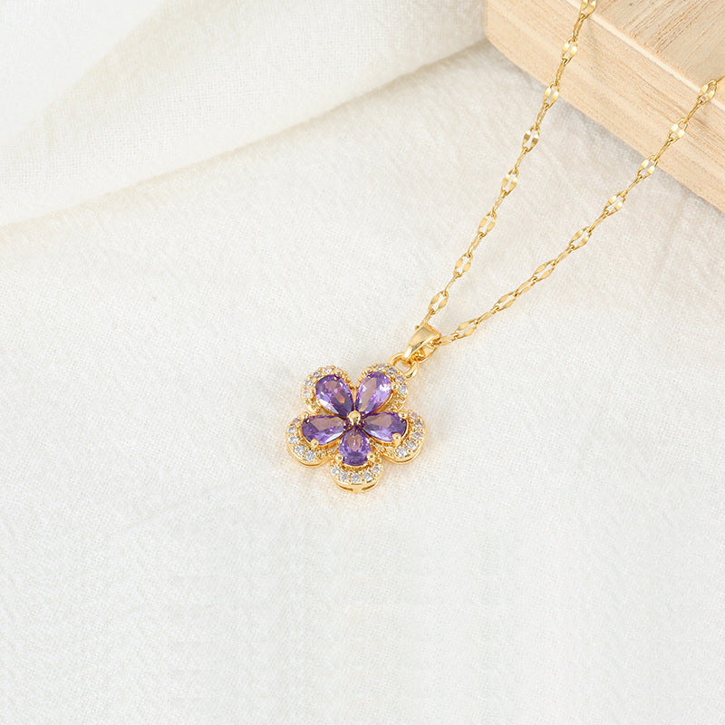 Minimalist Daisy Pendant Necklace for Women Titanium Steel Five-Petal Flower Design with Micro-Pave Rhinestone Accents