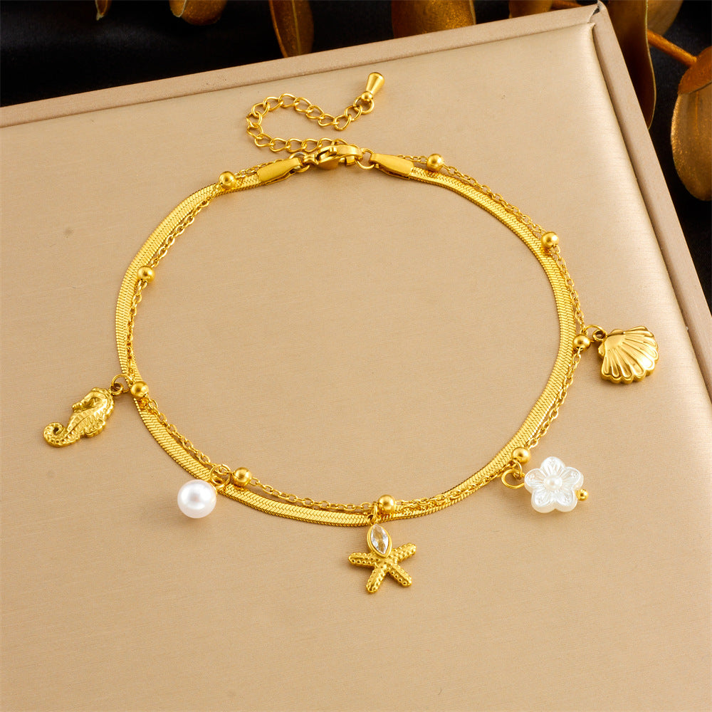 Minimalist Bohemian Gold Plated Stainless Steel Animal Starfish Shell Pendant Anklet for Women