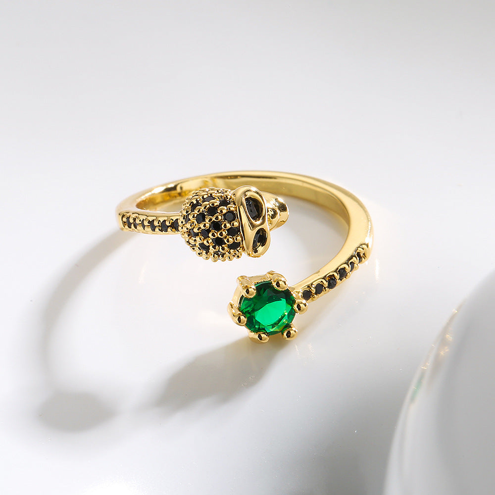 Punk Style Skull-Shaped Geometric Ring in Copper with Gold Plating and Zircon Inlay for Women