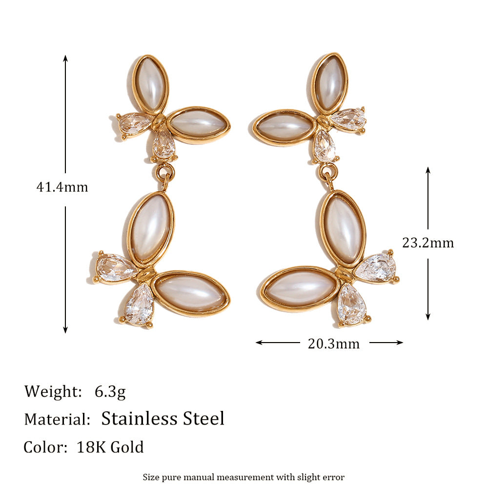 Pendientes Mariposa de Acero Inoxidable con Chapado en Oro de 18K, Perlas de Agua Dulce y Circonitas Cúbicas, Inspirados en el Estilo Vintage