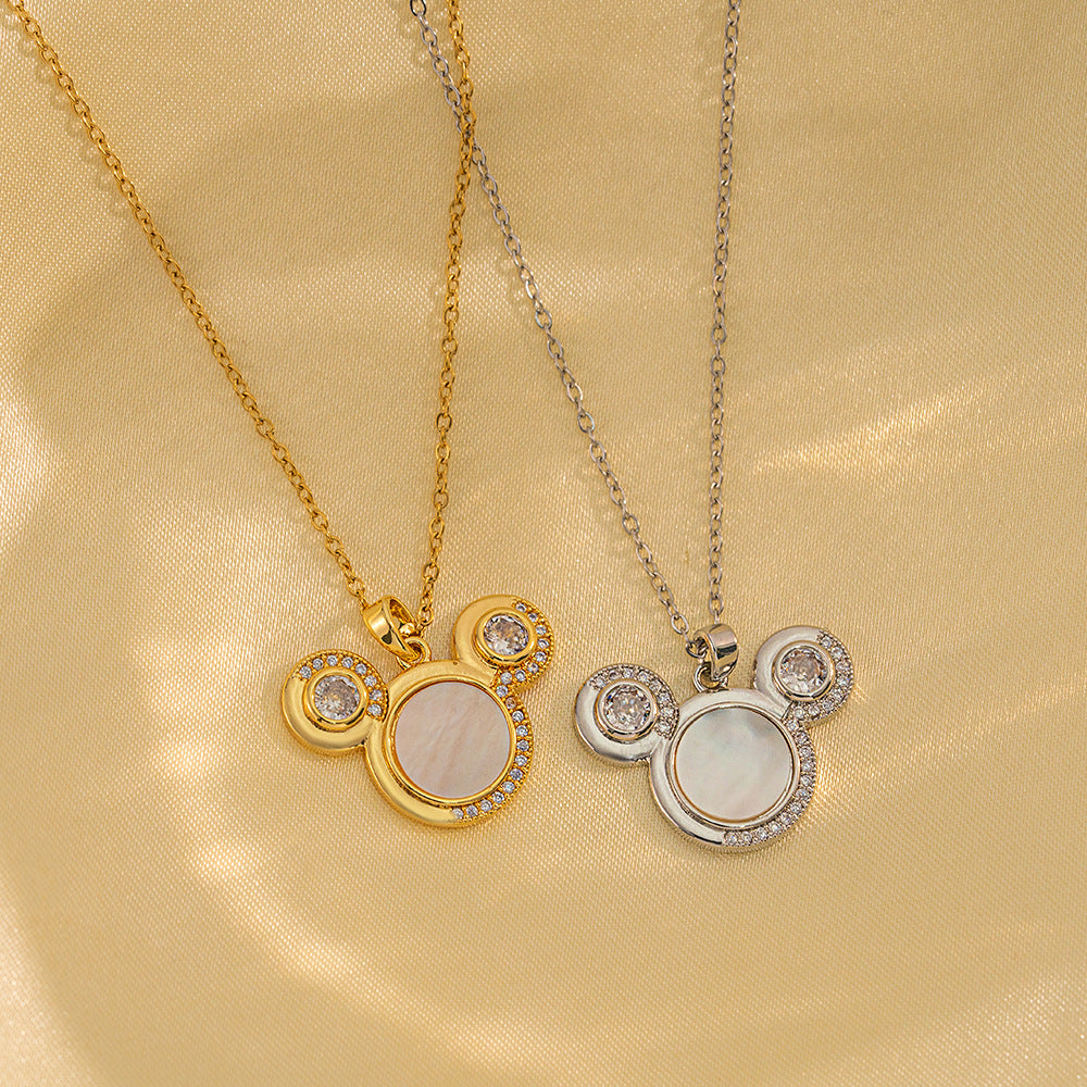 Minimalist Mickey Mouse Pendant Necklace for Women in Titanium Steel with Gold Plating, Cartoon Animal Design Locket Chain