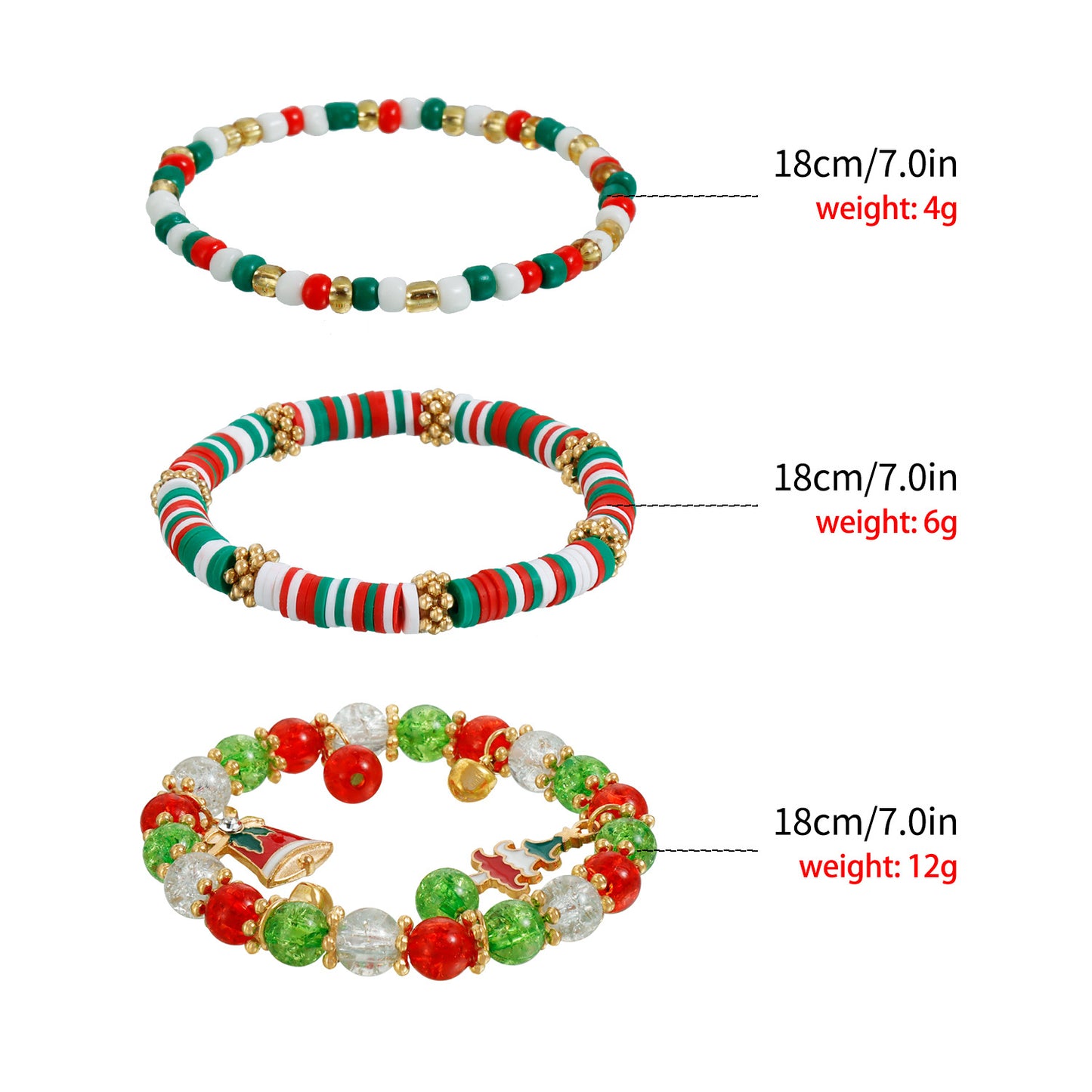 Pulsera con dije de campana de Navidad geométrica de diseño original para mujer, con detalles de metal chapado y cuentas de arcilla polimérica de colores en cordón.