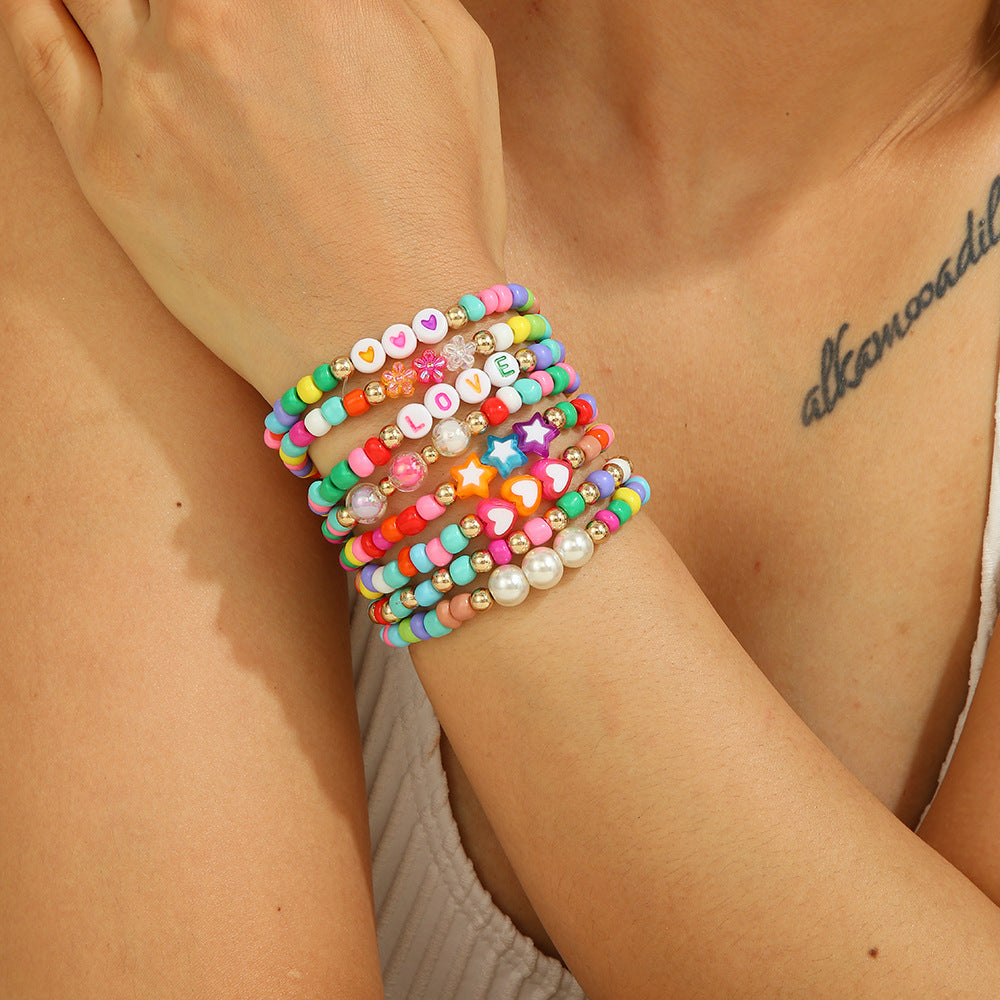 Sweet Minimalist Candy Color Heart Flower Glass Beaded Bracelet with Letter Charm