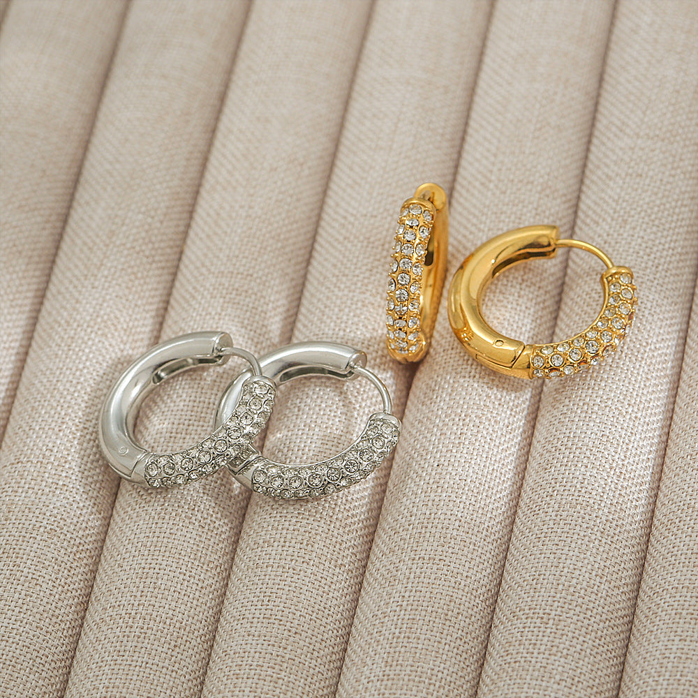 Orecchini a Cerchio Minimalisti Geometrici in Acciaio Inossidabile con Placcatura in Oro 18K e Intarsio di Diamanti da Donna